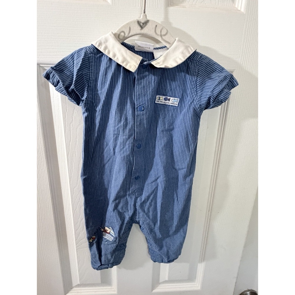 Vintage McBaby Boy One Piece Jumpsuit Blue White 3/6 Months